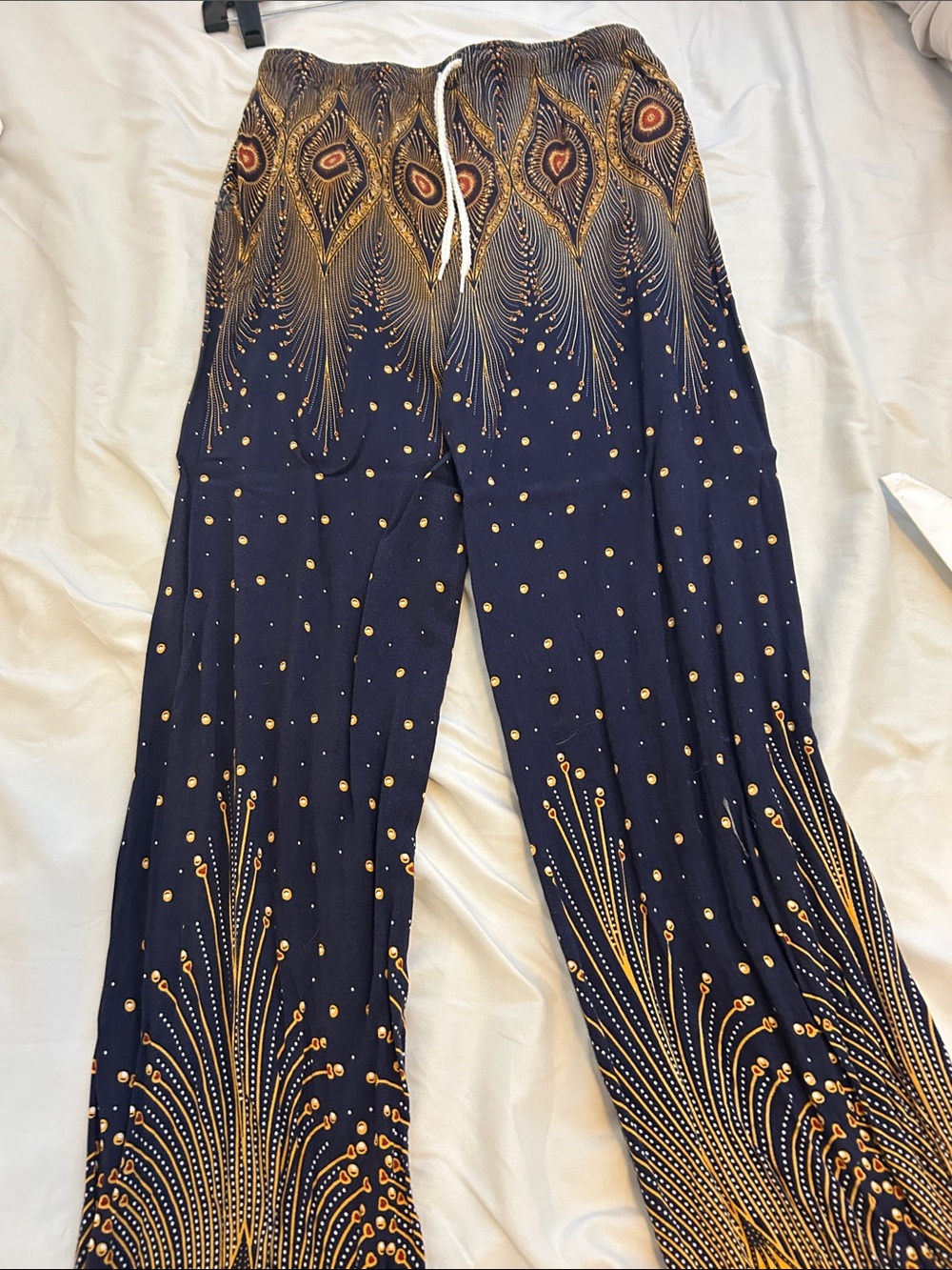 Women’s Navy Wide-Leg Printed Drawstring Pants with Gold Motif